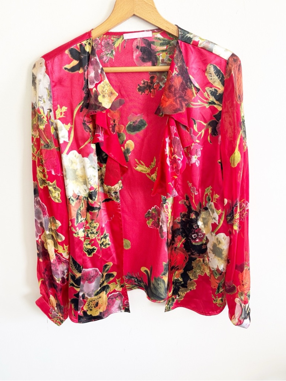 Basler silk red floral ruffle open long sleeve blouse top size 40/10
